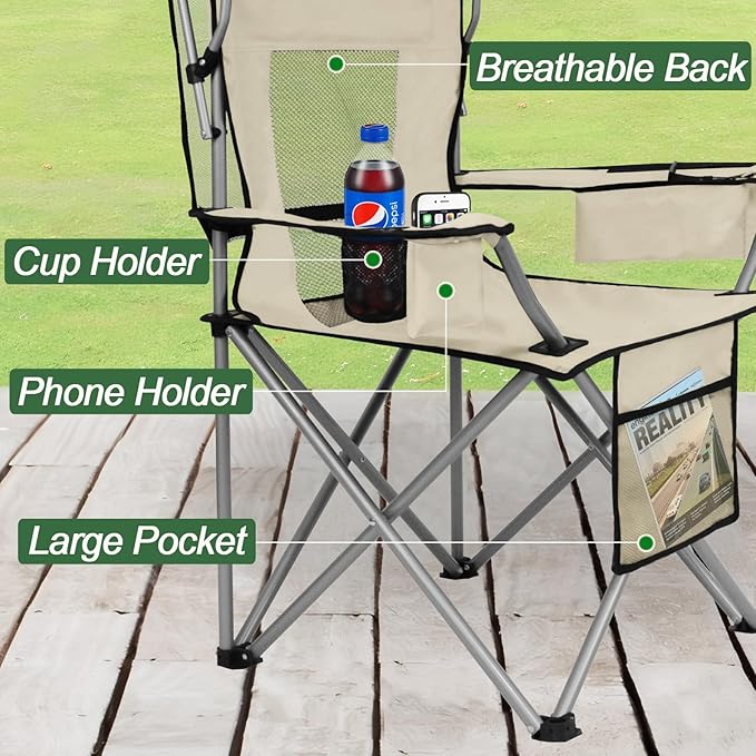ptlsy Folding Camping Chair with Canopy Beach Chair with Canopy Shade with Cup Holders Cooler Bag for Camping Fishing Beach Sports and Concert (White)