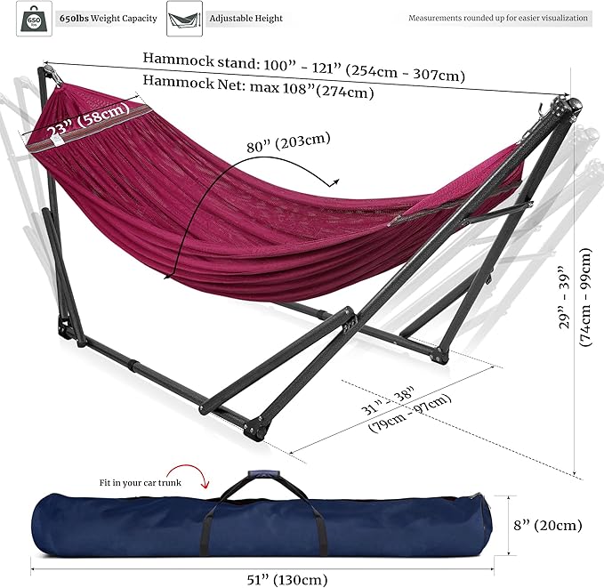 Tranquillo Universal Double Hammock with Stand Included for 2 Persons/Foldable Hammock Stand 600 lbs Capacity Portable Case - Inhouse Outdoor Camping Red