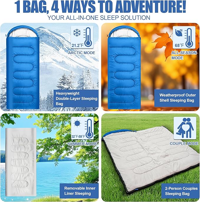 2-in-1 Detachable Sleeping BagWaterproof 4-Season Adult Sleeping Bags w/Removable Cotton Liner – Converts to 2 Lightweight Bags for Camping Hiking Travel