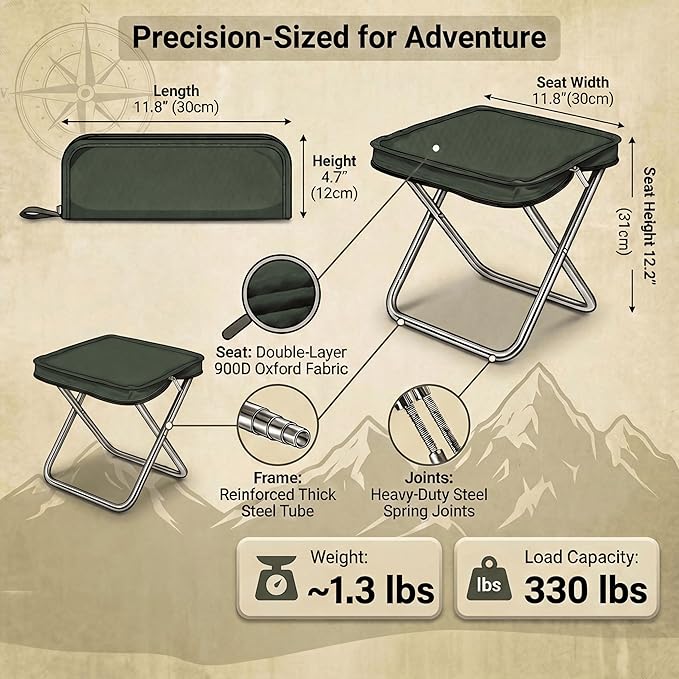 Foldable Backpack Stool for Adults - Portable Folding Stool with 350lb Capacity 900D Oxford Fabric &amp Durable Spring-Linked Frame Lightweight at 1.3lbs for Camping Fishing Travel (Green)