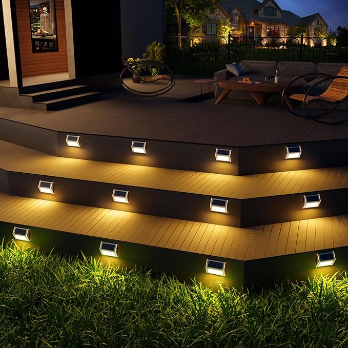 JSOT Solar Lights Outdoor for DeckWaterproof Solar Powered Steps Light Outdoor Wireless LED Lamp Fence Lighting Walkway Patio Stair Garden Path Rail Backyard Fences Post 8 Pack Warm White