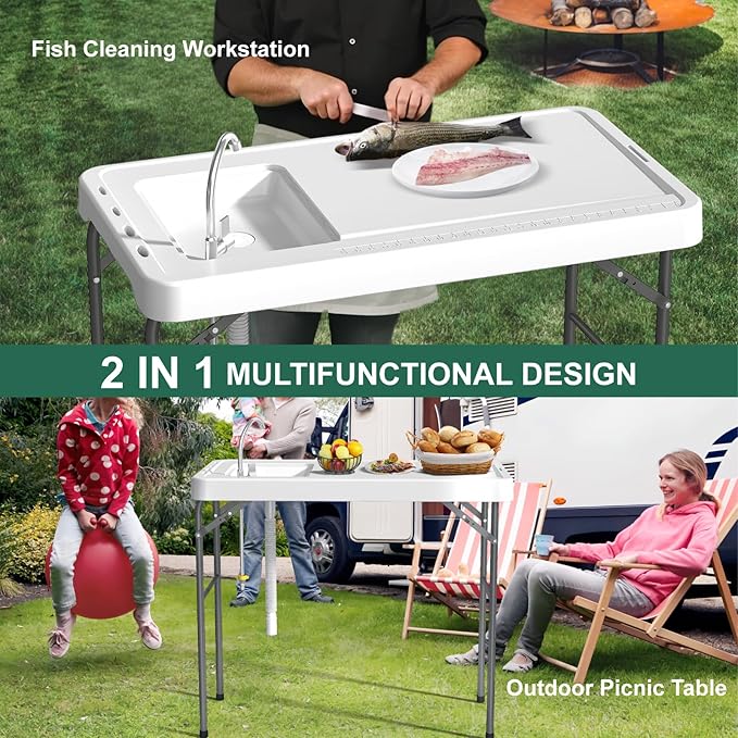 Fish Cleaning Table with Sink 42.5 Folding Camping Table &amp Fish Cleaning Station with Measure Mark Camping Sink with Hose Hookup for Outdoor Picnic Beach Dock &amp Patio Use