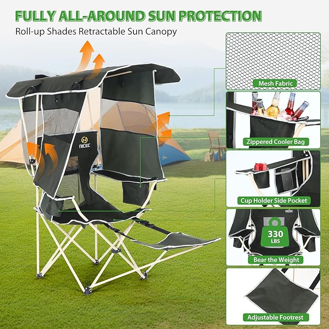 Nice C Chair with Canopy Umbrella Chairs Chair with Shades Sports Chairs w/Removable Footrest Cooler Bag Cup Holder for Camping Fishing Sports Soccer Beach (1-P Green)
