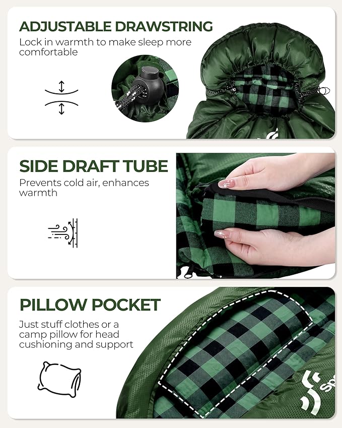 Sportneer 0 Degree Sleeping Bag for Cold Weather XL Winter Sleeping Bag for Adults Flannel Lined Camping Sleeping Bag 32°F–59°F Rated 87 x 33.5 4.4 lbs Detachable Hood Compression Sack