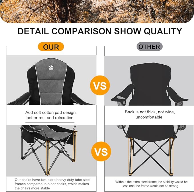 Northroad Oversized Portable Camping Chair Full Padded Outdoor Folding Chair Support 350 LBS Heavy Duty Lawn Chair with Cup Holder Cooler Bag Lumbar Support Head Pocket for Adult-Black