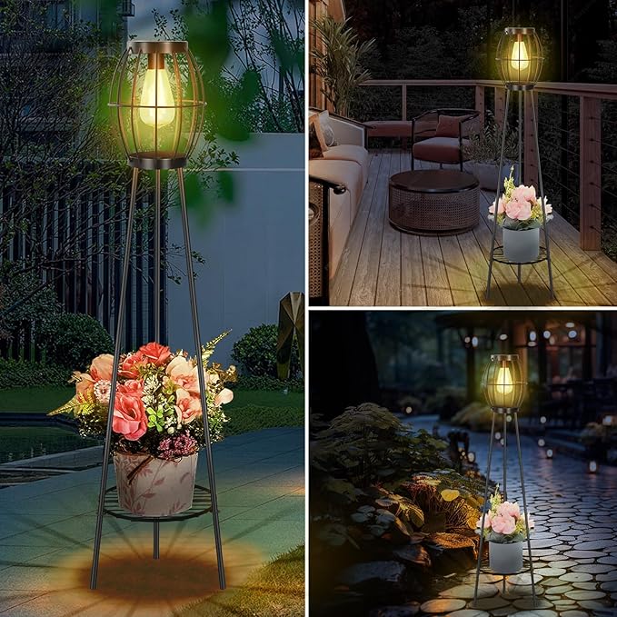 2 Pack Solar Lights Outdoor with Plant Stands Solar Floor Lamp Solar Powered Street Light Metal Tripod Deck Lights Patio Decor for Garden Yard Pathway Driveway Porch