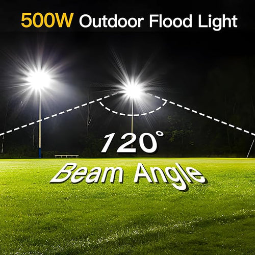 2 Pack 500W LED Flood Light 60000LM Brighter Lights with US Plug + 10ft Cord IP66 Waterproof Outdoor Lights 5000K White Floodlight for Sports Court Garden Stadium Playground Arena