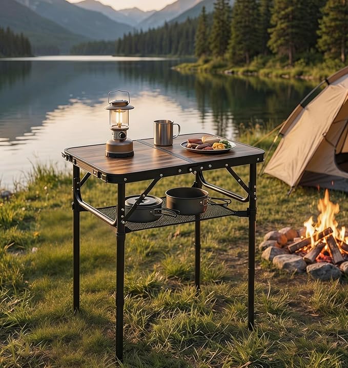 Mini Folding Camping Table - 2ft Lightweight Adjustable Height with Carry Handle Anti-Stain Desktop for Outdoor Glamping/Picnic/Patio &amp Indoor Decor (24 L×16 W)