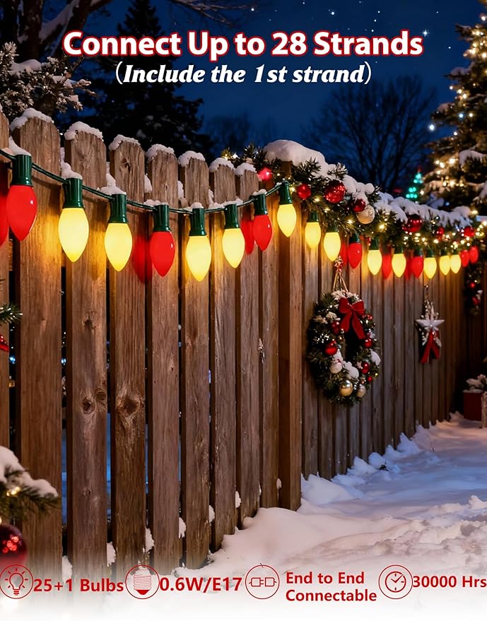 Red and White LED Christmas Lights25FT Vintage C9 Red White Christmas Lights Outdoor with 26 LED BulbsCommercial Extendable Xmas Light for Roofline Patio Holiday Party Backyard Xmas Decor