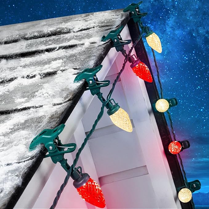 C9 LED Christmas Lights Outdoor 68 Ft 100 LED Strawberry String Lights With 100 Spring Clamps Waterproof Commercial Grade Extendable for Outside Roofline Patio Home Xmas Decoration Red &amp Warm W