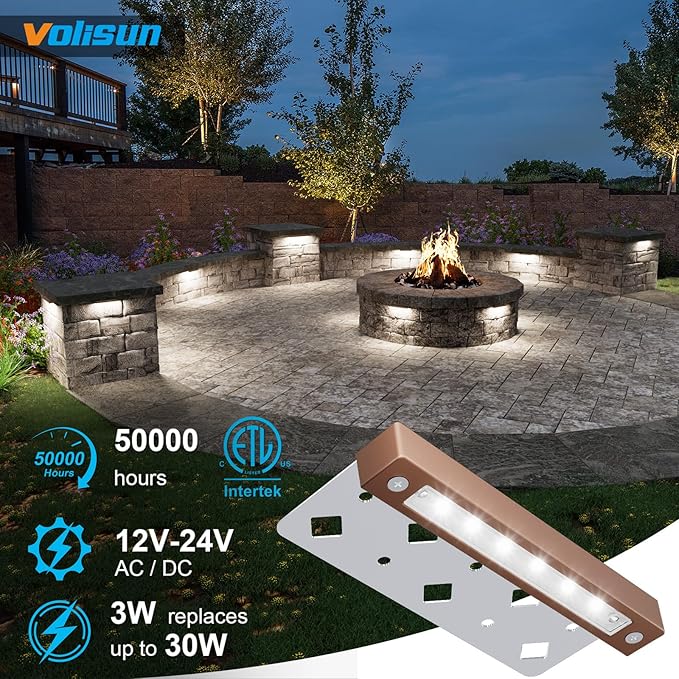 VOLISUN 8 Pack 7 Inch Retaining Wall Lights Waterproof LED Hardscape Lighting Cuttable Low Voltage Landscape Lighting 12V Paver Lights 3W Outdoor Step Lights 5000K Daylight ETL
