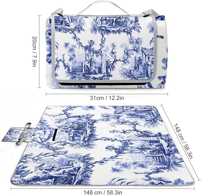 Blue and White Chinese Style Chinoiserie Folk Waterproof Outdoor Picnic Blanket Sandproof Beach Mat for Camping Hiking Grass Travelling
