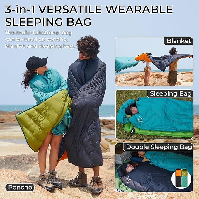 ATEPA 3-in-1 Hybrid Down Sleeping Bag for Adults Lightweight 3 Season Wearable Backpacking Sleeping Bag with Pad Attachment &amp Compact Compression Sack for Spring Summer Fall Car Camping 30°F 45°F