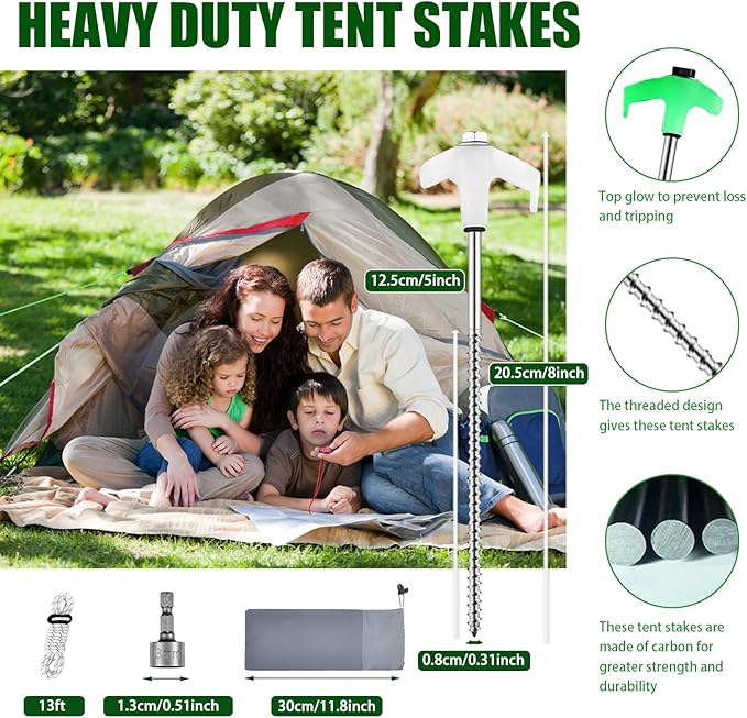 8” Screw in Tent StakesDrillable Tent Stakes Heavy DutyCamping Tent Stake Screw with 13ft Rope 13mm Hex Head DriverStorage Bag for OutdoorCampingDog Anchors (12 White)