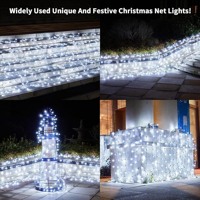 Led Christmas Net Lights White Outdoor Christmas Lights 160LED 5ftx7ft Waterproof Outdoor Indoor Fairy Mesh Net Light for Xmas Party Yard Patio Trees Shrubs Bushes Decorations