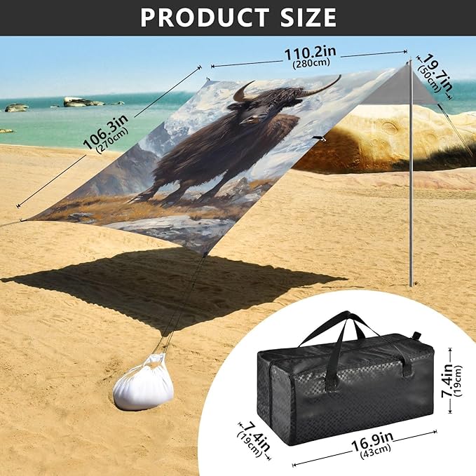 ALAZA Black Yak Snow Mountain Beach Tent Sun Shelter UPF50+ Protection Beach Shade Canopy w/ 4 Sandbags for Outdoor Camping Fishing Backyard Fun Picnic 10x9 ft
