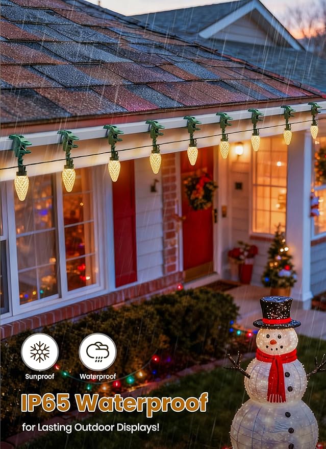 C9 68Ft Led Christmas String Lights 100 LED with Quick Clips Outdoor Waterproof Strawberry Lights Commercial Grade Extendable for Indoor Outside Roofline Patio Home Xmas Decoration Warm White