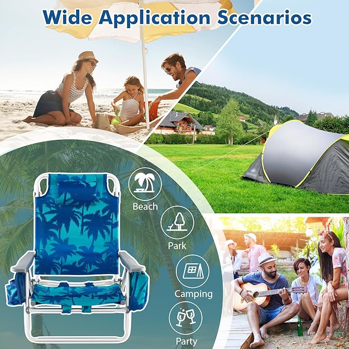 2-Pack Folding Beach Chairs Outdoor Patio Lawn Lounger with 5 Adjustable Position Cooler Pouch Headrest &amp Accessories Portable Camping Chairs for Outdoor Relaxation (1 Coconut Blue)
