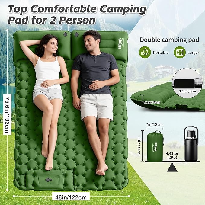HiiPeak Double Sleeping Pad for Camping - Ultralight Camping Mattress with Pillow Built-in Foot Pump Compact Inflatable 2-Person Portable Mat for Backpacking Hiking Car Traveling Beach Tent