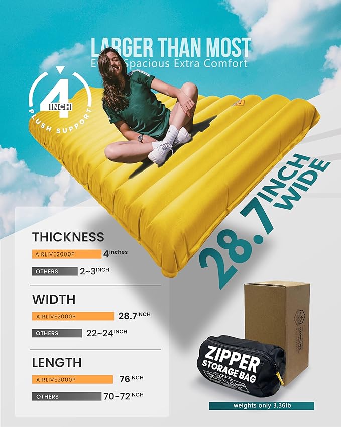 ZOOOBELIVES Extra Thickness | Wide Plus Sleeping Pad with Built-in Pump Inflatable Camping Mattress of Ultimate Comfort for Car Camping Tent and Backpacking Lightweight &amp Compact – Airlive2000