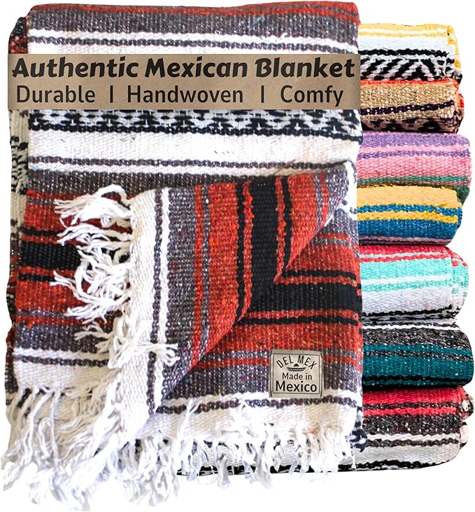Del Mex Classic Mexican Blanket Large Authentic Woven Falsa Throw (70x50) Artisan Southwest Décor for Beach Yoga Outdoors (Terracotta)