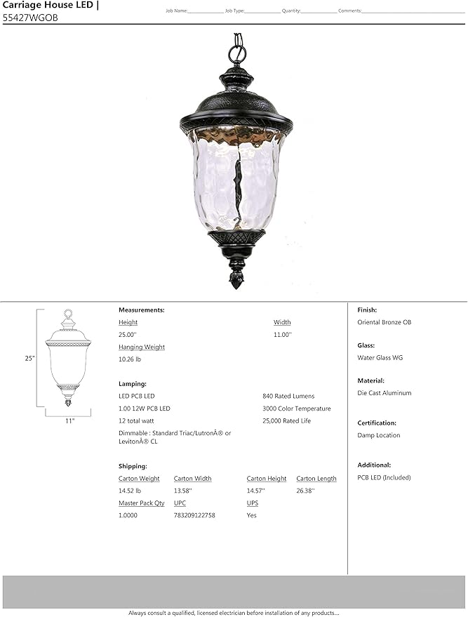 Maxim Carriage House - 25 Inch 12W 1 LED Outdoor Hanging Lantern