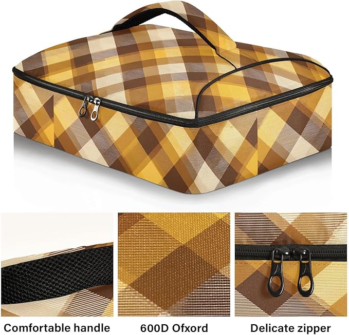 Casserole Carrier Yellow Brown Plaid Insulated Casserole Carrier for Hot or Cold Food Thermal Lunch Tote for Parties Picnic Travel Carry Bag