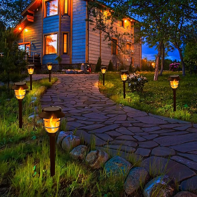 10 Pack Solar Pathway Lights Outdoor - Bright Solar Powered Garden Lights with Flickering Flame Auto On/Off Waterproof Path Lights Decorative Landscape Lighting for Yard Patio Walkway Driveway