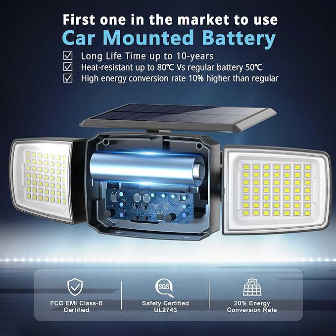 Solar Security Light OutdoorSolar Flood Light with Active Motion Sensor3 Heads 270° Wide AngleRemote ControlIP65 Waterproof 3 Modes (2 Packs)