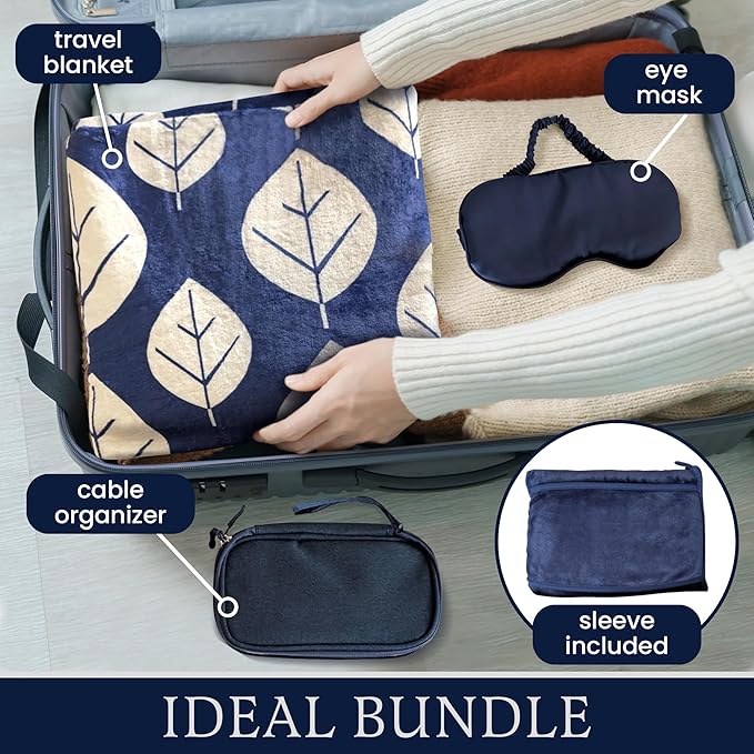 3 Piece Travel Blanket Set with Eye Mask &amp Cable Organizer  Ultra Soft Flannel Airplane Blanket with Carry Bag  Lightweight Warm &amp Compact for Travel Car Sofa &amp Bed  Ideal for Adults