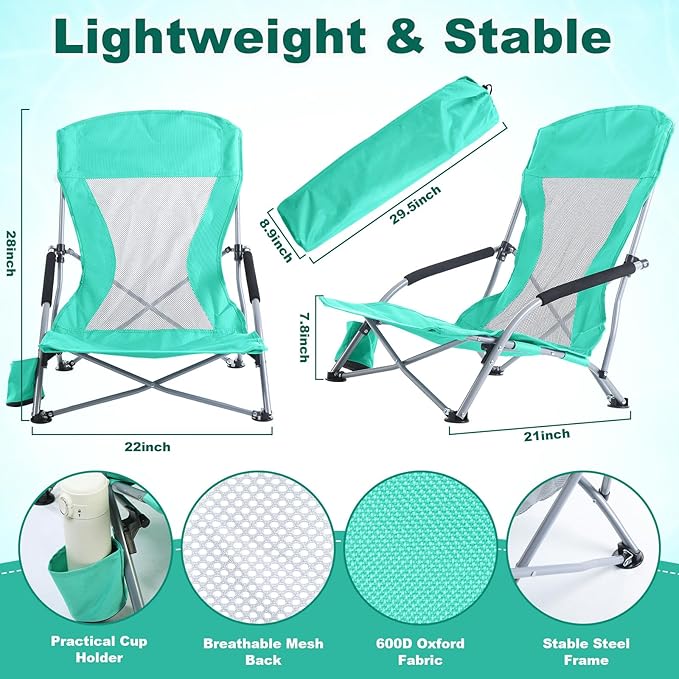 Huwena 2 Pack Beach Chair for Adult with 2 Umbrella Low Folding Chair Detachable Adjustable Lightweight with Armrests Cup Holder Carry Bag Portable for Sand Camping Travel Outdoor Pool (Green)