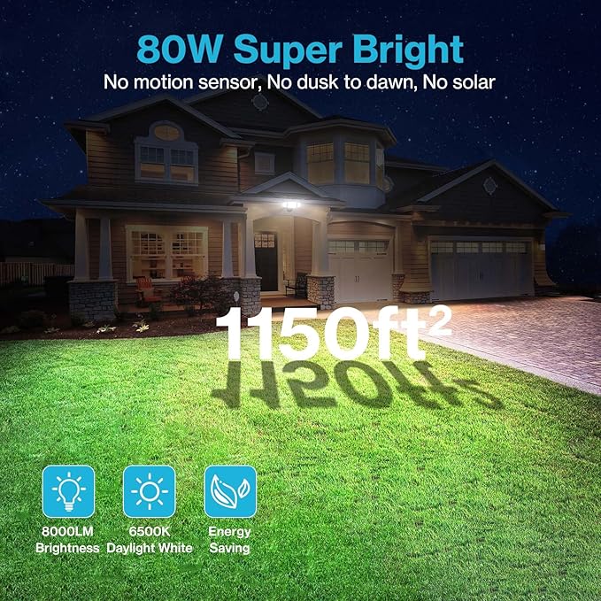 Olafus 80W Flood Lights Outdoor 2 Pack Switch Controlled LED Security Lights 8000LM 6500K Outside Floodlight IP65 Waterproof Exterior Light Fixture for House Yard Garage Wall/Eave Mount Black
