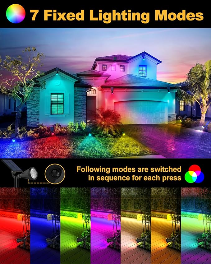 Solar Spot Lights Outdoor Color Changing 7 Modes/14 LED Outdoor Solar Lights for Yard Waterproof RGB Multicolor Solar Landscape Spotlights Auto On/Off for Flood Yard Tree Pathway 8 Pack