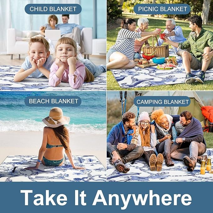 Blue and White Chinese Style Chinoiserie Folk Waterproof Outdoor Picnic Blanket Sandproof Beach Mat for Camping Hiking Grass Travelling