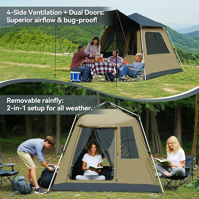 Instant Pop-Up Camping Tent with Removable Sunshade - 3-4 Person Dome Tent with UV Protection &amp Ventilation Waterproof Windproof for Beach Hiking Outdoor.