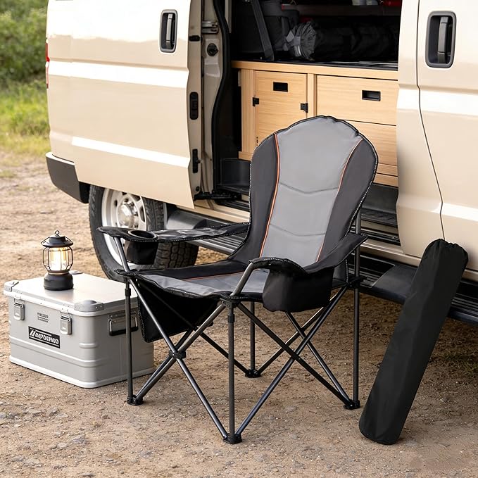 Folding Camping Chairs for Adults - High Back Padded Outdoor Lawn Chairs with Lumbar Support &amp Cup Holder (Black &amp Gray 1 Pack)