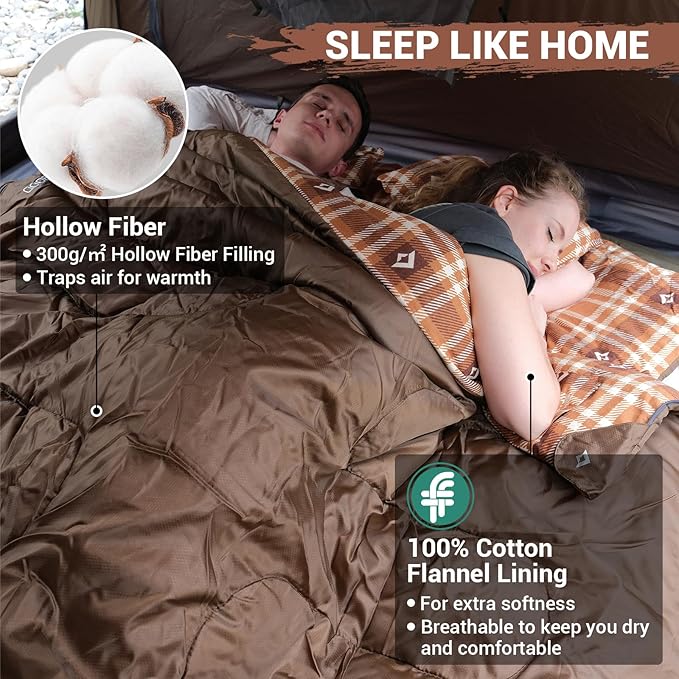 KingCamp Double Sleeping Bag for Adults Queen Size 2 Person XXL Flannel Sleeping Bag Waterproof Lightweight Flannel Quilt with 2 Pillows Perfect for Couples Family Camping Hiking