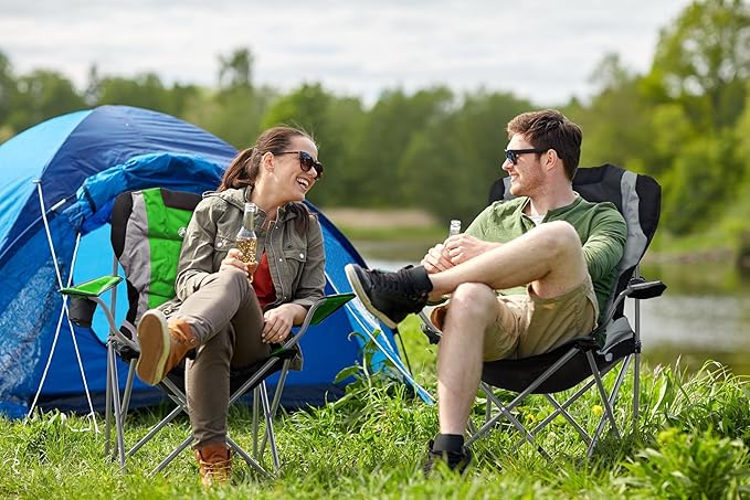 GigaTent Green Folding Camping Chair – Ultra Lightweight Collapsible Quad Padded Lawn Seat with Full Back Arm Rests Cup Holder and Shoulder Strap Carrying Bag – Powder Coated Steel Frame
