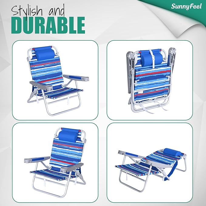 SUNNYFEEL Extra Wide Low Beach Chair 5 Position Lay Flat 500 LBS Heavy Duty XL Oversized Portable Folding Camping Chairs with Cup Holder for Outdoor/Trip Lightweight Backpack Beach Chair for Adults