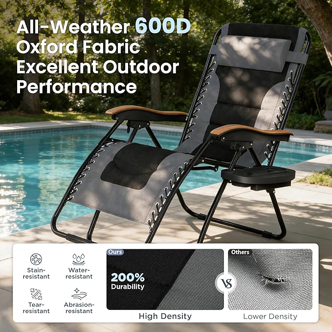 PHI VILLA XXL Oversized Padded Zero Gravity Chair Set of 2 Foldable Patio Recliner 30 Wide Seat Anti Gravity Lounger with Armrest and Cup Holder Support 400 LBS (Grey)