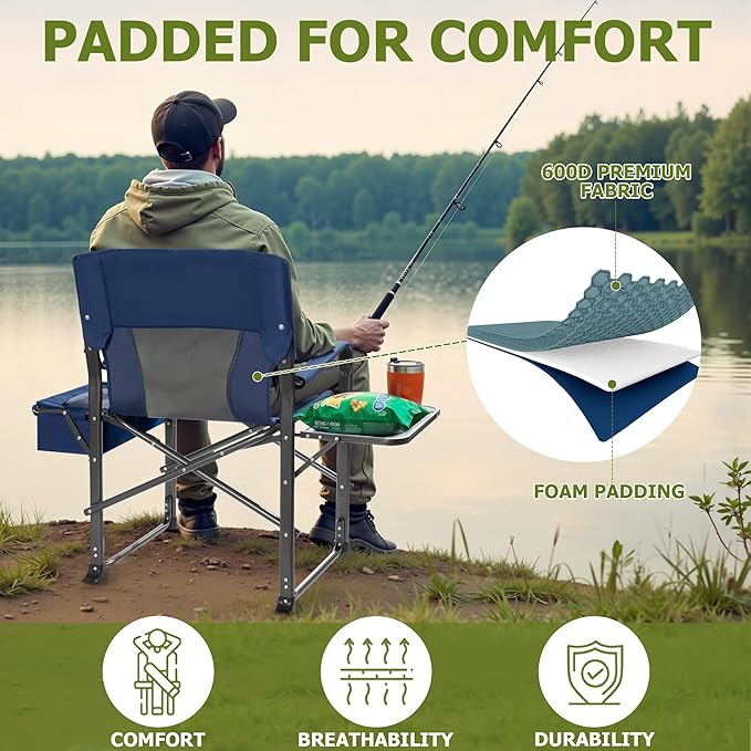 Camping Directors Chairs for Adults Heavy Duty with Table and Cooler Bag Oversized Portable Folding Chair for Beach Fishing Trip Picnic(Breathable Comfort Cushion Blue)