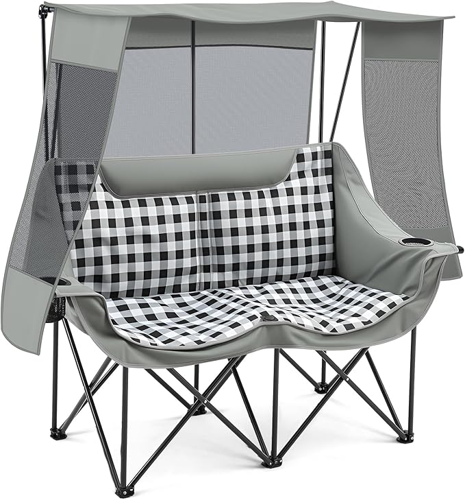 Double Camping Chair with Canopy Shade 660lbs Heavy Duty Beach Chair Portable Folding 2 Person Camping Loveseat with Cup Holder and Storage Bag for Lawn Beach Outdoor Sport(Grey Plaid)