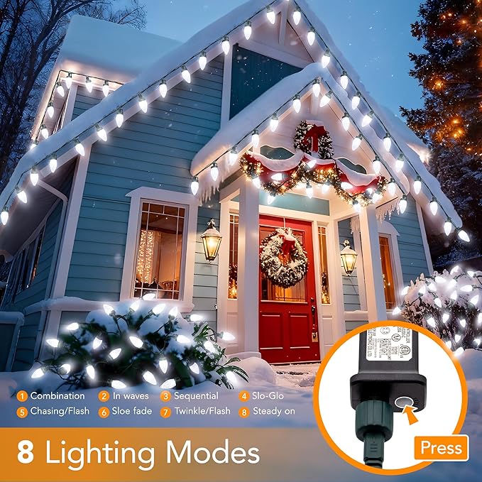 C9 LED Christmas Lights Outdoor33 Feet 50 LED 8 Lighting Modes Waterproof Connectable Christmas String Lights for Outside Roofline Patio Home Xmas Decorations (Cool White)