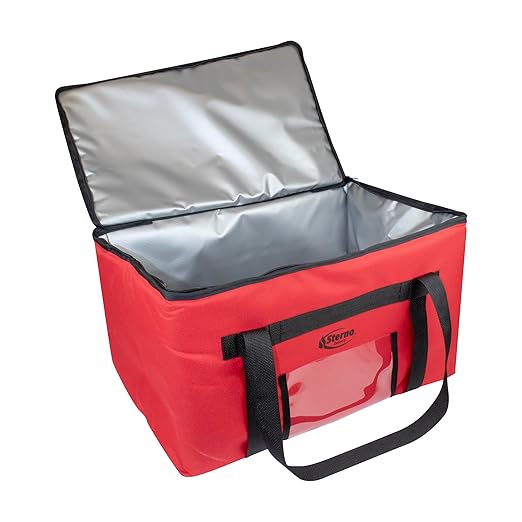 Sterno Delivery Leak Proof Insulated Bag Hot and Cold Container for Catering and Food Transport Durable Red Cloth Exterior with Tear-Resistant Vinyl Liner 15”L x 23”W x 13.5”H