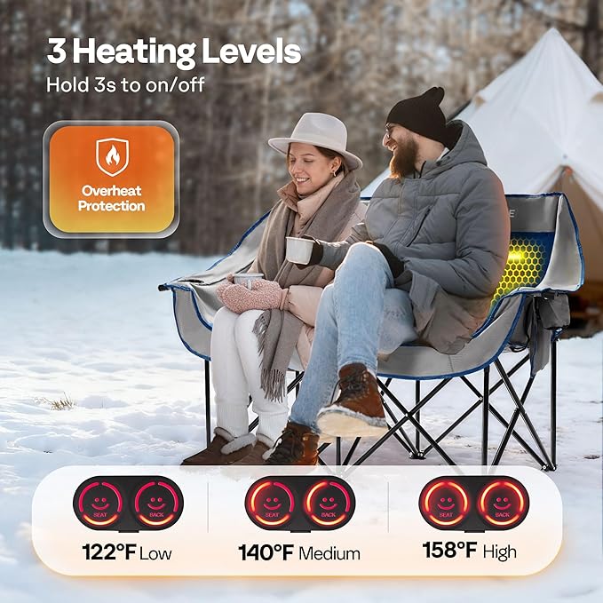 VIVOHOME 45W Padded Heating Double Camping Chair with 2 x 27000mAh Power Bank Heated Oversized Portable Loveseat for Outdoor Sports 3 Levels of Heat Overheat Protection System Navy Blue and Gray