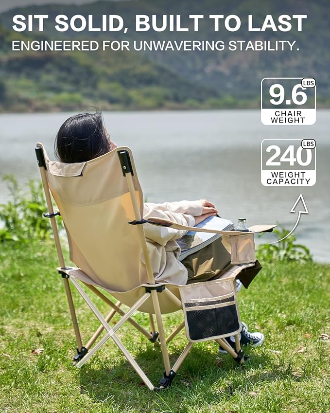 MOBI GARDEN Reclining Camping Chair with Foot Rest 4-Position Adjustable Folding Lounge Chair for Adults Portable &amp Detachable Footrest – Sand - Solid Back