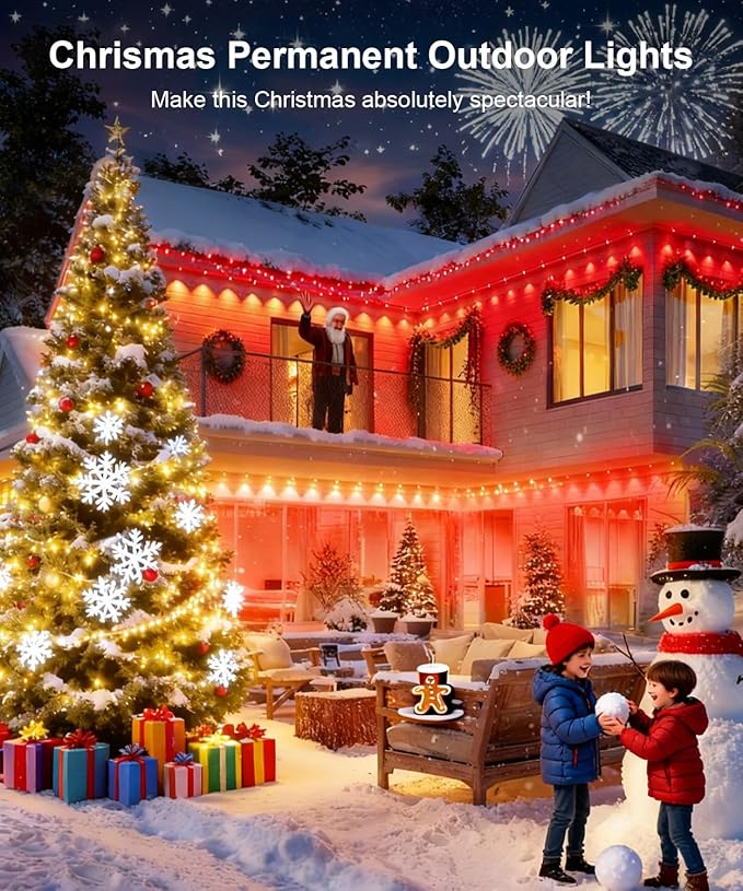 Nexillumi Permanent Outdoor Lights for House 100ft Smart RGB LED Lights Outside with 16 Million DIY Colors IP67 Waterproof Eternity Eaves Lighting for Christmas Halloween Holiday Daily Decorations