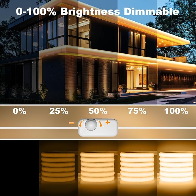 IP67 Waterproof COB LED Strip Lights AC 110V-120V Direct Plug 66FT Super Bright Outdoor Strip Lights with Double Fuse Controller 2700K Warm White LED Strips for Garden Patio Commercial Decor
