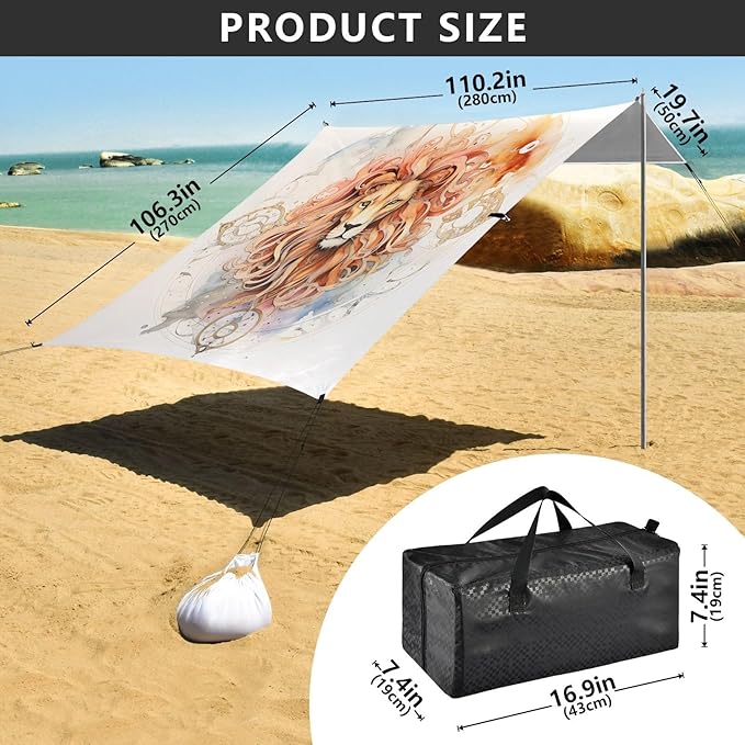 ALAZA King of Lion Beach Tent Sun Shelter UPF50+ Protection Beach Shade Canopy w/ 4 Sandbags for Outdoor Camping Fishing Backyard Fun Picnic 10x9 ft
