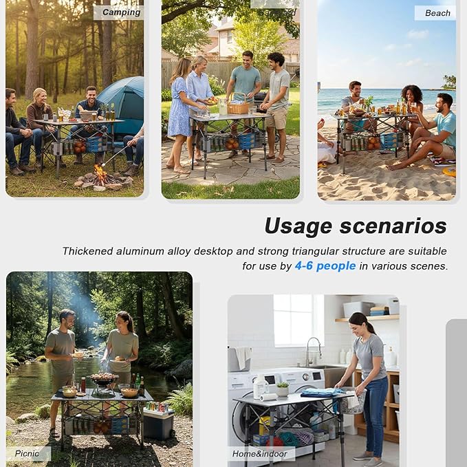 Portable Camping Table with Adjustable Height Legs Lightweight Aluminum Roll-up beach tables for sand foldableFolding Picnic Table Large Storage Basket for Outdoor camping (Black Medium 37)